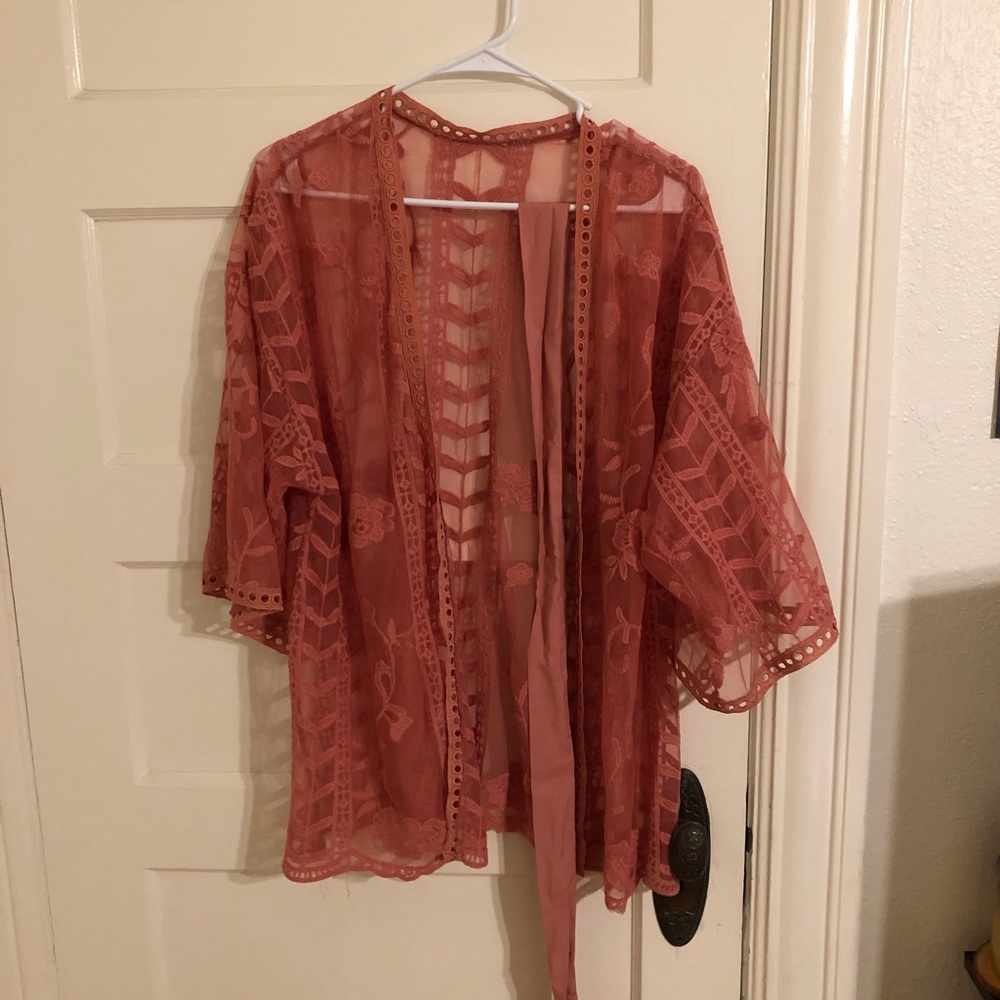 Rose/salmon colored lace cardigan. Can wear with or without waist tie.